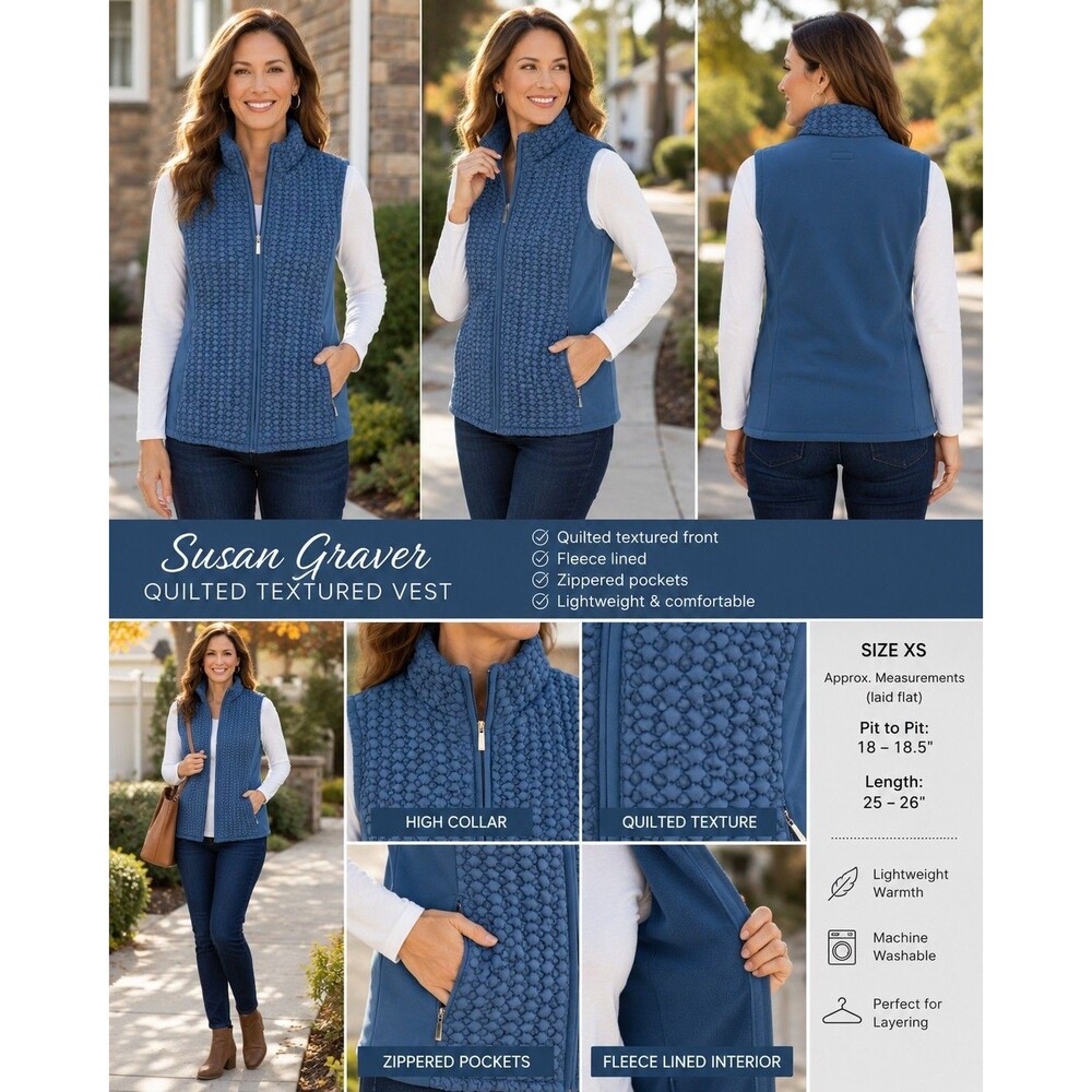 Susan Graver Women XS Teal Quilted Textured Full Zip Vest Fleece Lined Pockets